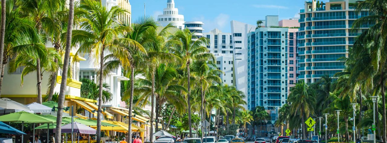 Bright scenic view of Ocean Drive in South Beach, Miami on a lig
